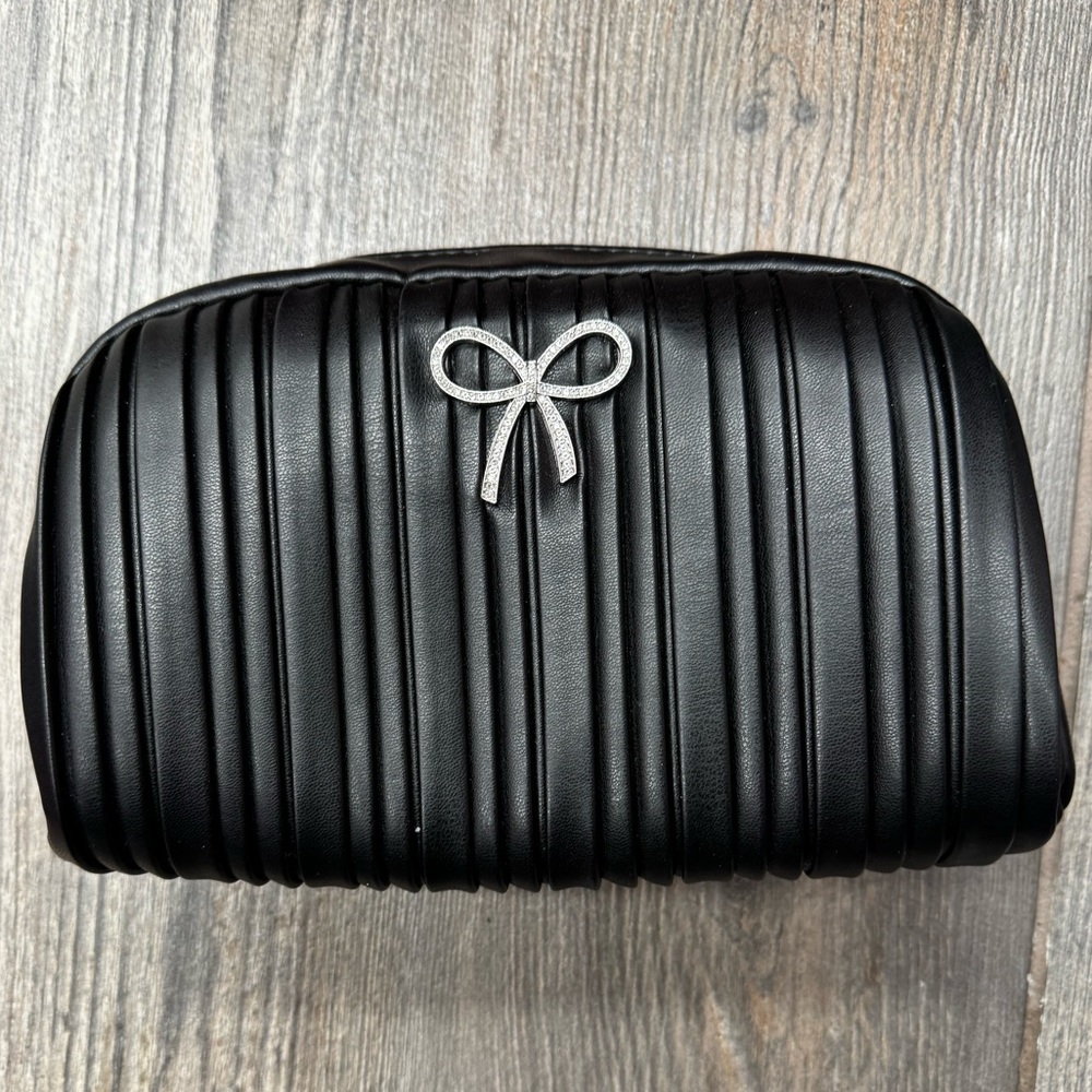 Primark Black Pleated Cosmetic Bag Pouch Clutch Rhinestone Diamanté Bow Accent